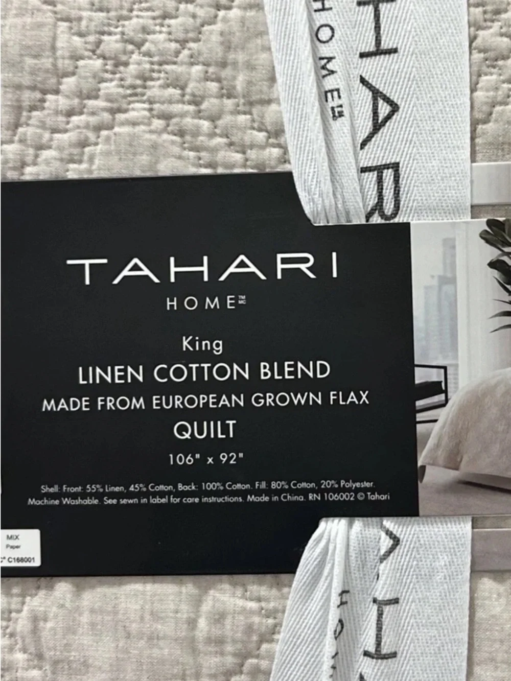Tahari Natural King Linen Cotton Blend Quilt  European Grown Flax 106”x92”